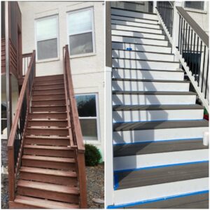 Before and after images of deck stairs renovation, showing new dark grey and white stairs by Richwood Remodeling & Outdoor in Nashville, TN.