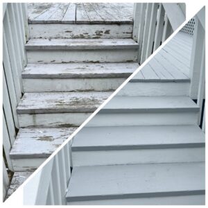 Before and after comparison of deck stairs repainting by SID Painting in West Hartford, CT.