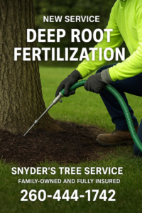 A tree service professional performing deep root fertilization near a tree trunk, a specialized service offered by Snyder's Tree Service LLC in Fort Wayne, IN.