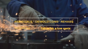 A worker performing demolition or renovation work with an angle grinder for WIY Hauling and Junk removal LLC in Milwaukee, WI.