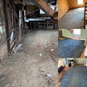 A collage showing multiple rooms in a dilapidated building needing a cleanout and junk removal by O'Brien Property Services in Clay, NY.