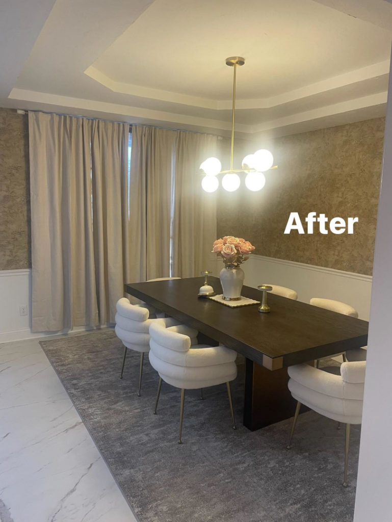 Modern dining room light fixture and new curtains installed by Ray's construction in St. George, UT.