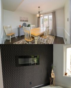 Before and after of a dining room modernization, featuring new wallpaper and decor by PTA Construction INC. in Jersey City, NJ.