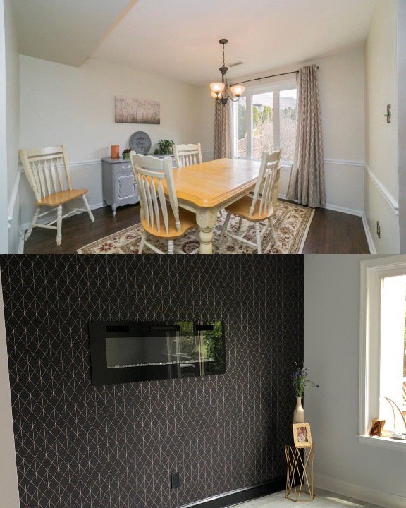 Before and after of a dining room modernization, featuring new wallpaper and decor by PTA Construction INC. in Jersey City, NJ.
