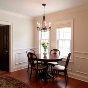 Dining area featuring elegant wainscoting and crown molding by Corkery Customs & Remodeling LLC in Philadelphia, PA