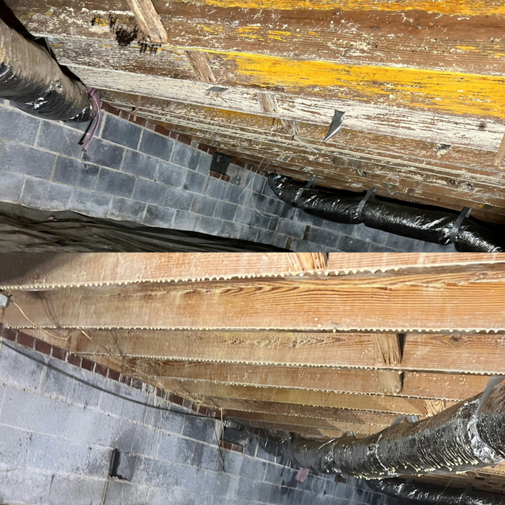 A dirty crawlspace before restoration work by Vanco Crawlspace & Restoration in Kittrell, NC.