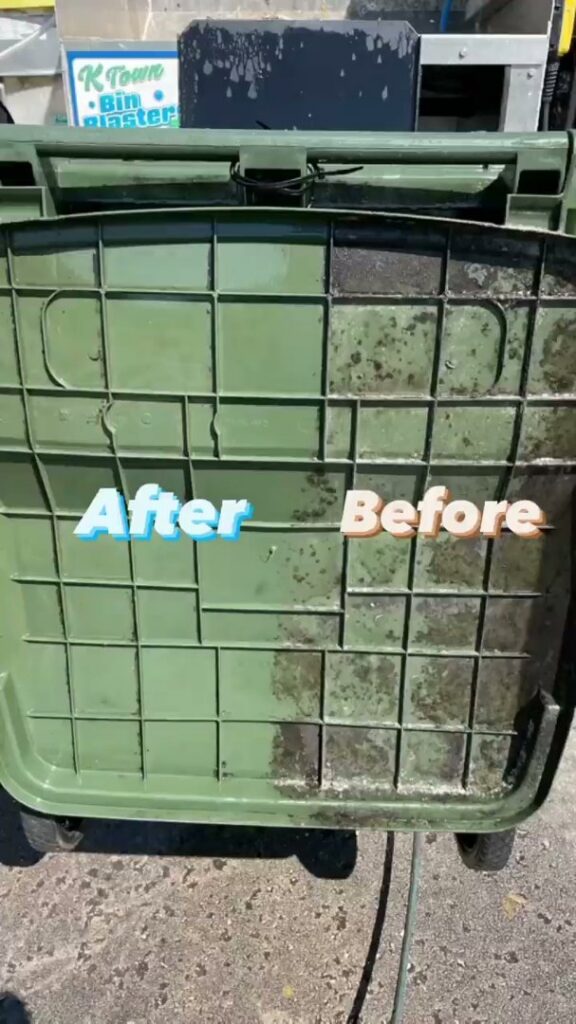A detailed view of the dirty interior of a green trash bin, showing accumulated grime before cleaning by Bin Blasters - Knoxville, TN.