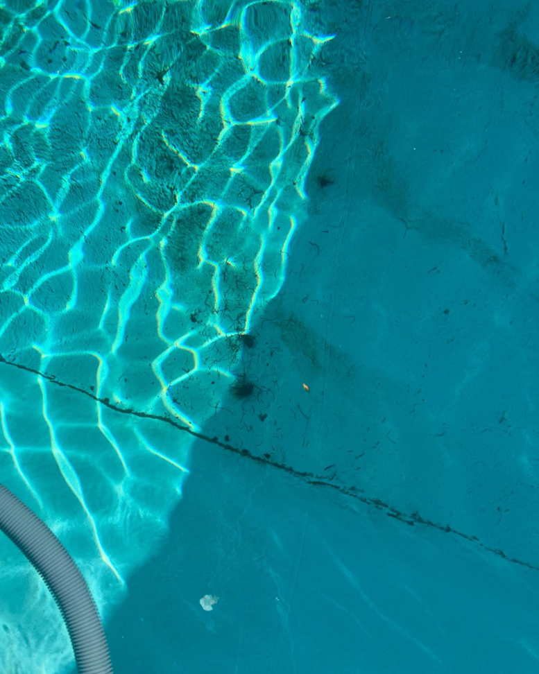 A close-up view of a dirty swimming pool bottom with a cleaning hose, serviced by Mr. Pools LLC in Gilbert, AZ.