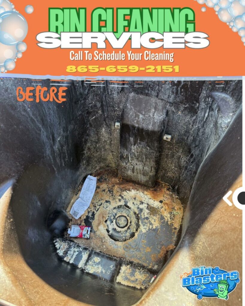 A close-up view of a very dirty trash bin interior, showing grime and debris before cleaning by Bin Blasters - Knoxville, TN.