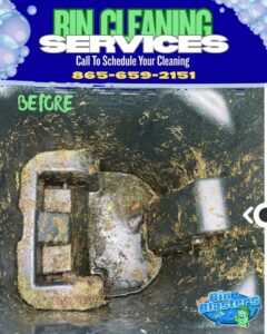 A dirty trash bin interior filled with grass clippings and residue, awaiting cleaning by Bin Blasters - Knoxville, TN.