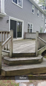 A weathered and dirty wooden deck before a professional power wash service by Superior Power Wash in Danbury, CT.