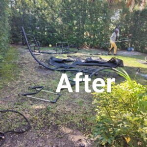 A disassembled trampoline in a backyard after removal by Wilsa Junk Removal in Fort Lauderdale, FL.