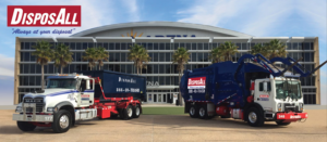 Two Disposall junk removal trucks, a roll-off and a garbage truck, parked in Orlando, FL.