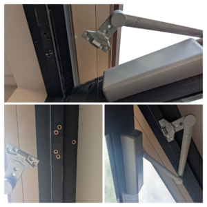 Installation or repair of a door closer mechanism shown in a three-panel collage by RC Handyman Services in Council Bluffs, IA.