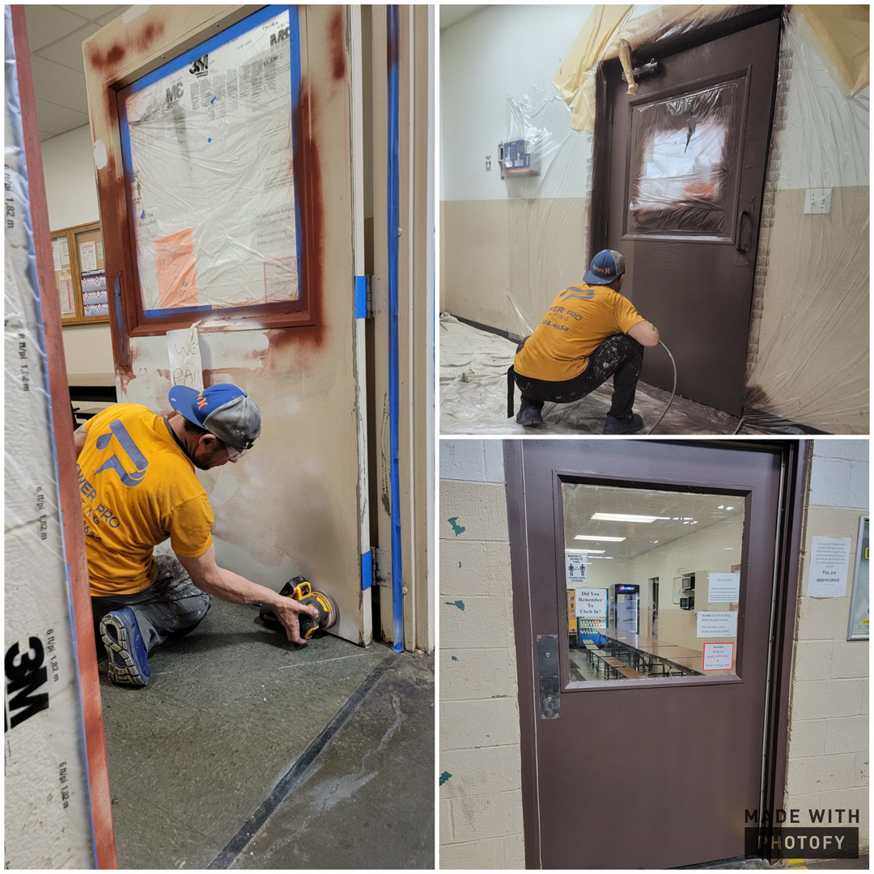 A worker sanding and spray painting doors as part of a painting project by Power Pro Painting in Cleveland, OH