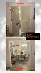 Before and after of a doorway and door installation by Mr. Handyman of Boise, Meridian and Nampa in Nampa, ID.