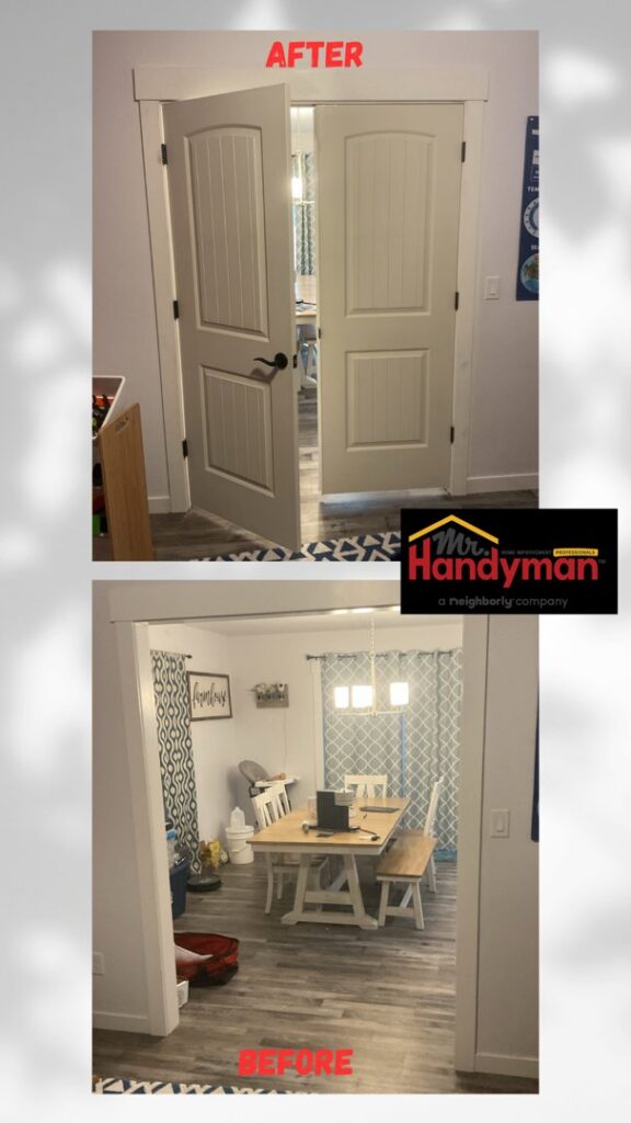 Before and after of a doorway and door installation by Mr. Handyman of Boise, Meridian and Nampa in Nampa, ID.