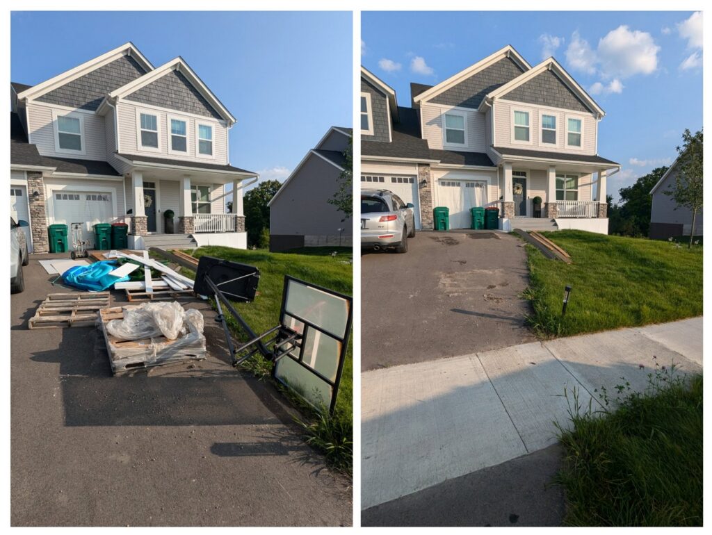Before and after of a driveway with construction debris and junk removed by Esule Services LLC - Anoka Junk Removal in Andover, MN.
