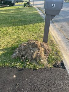 Pile of excavation debris next to a mailbox after driveway work by Angeles Contractors LLC in New Oxford, PA.