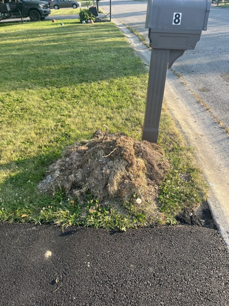 Pile of excavation debris next to a mailbox after driveway work by Angeles Contractors LLC in New Oxford, PA.