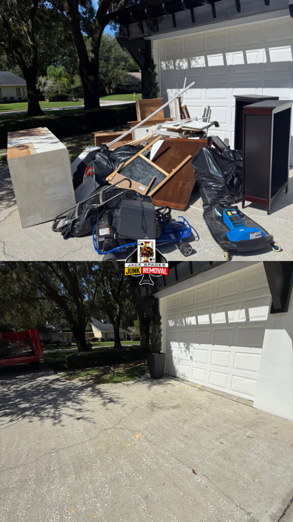 Before and after of a driveway junk removal service by Jack Spades Junk Removal in St. Petersburg, FL.