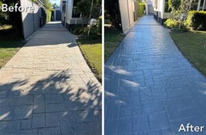 Before and after of a dirty driveway power washed by Total Powerwashing in Valley Park, MO.