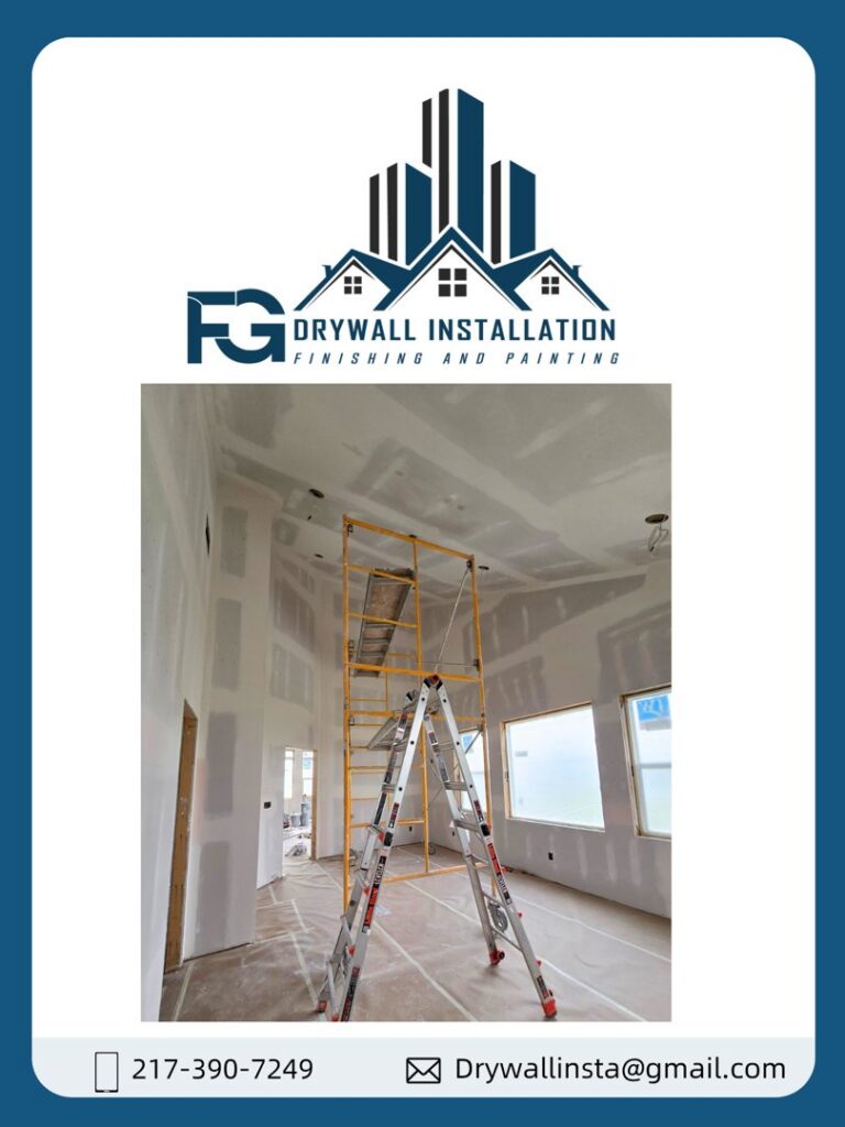 Drywall finishing work in progress with scaffolding in a tall room by FG Drywall, Finishing and Painting in Champaign, IL.