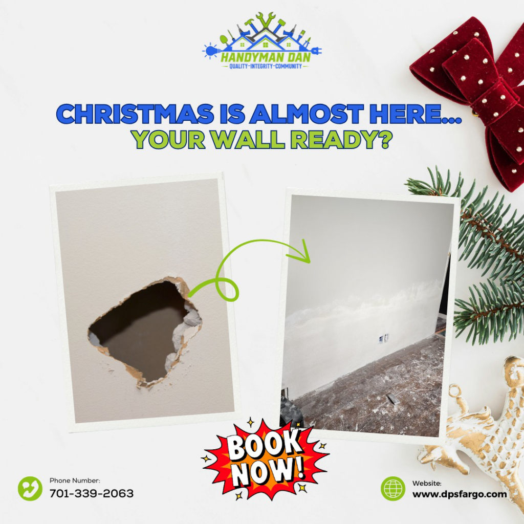 Before and after photos showing a repaired drywall hole, a service provided by Handyman Dan in West Fargo, ND.