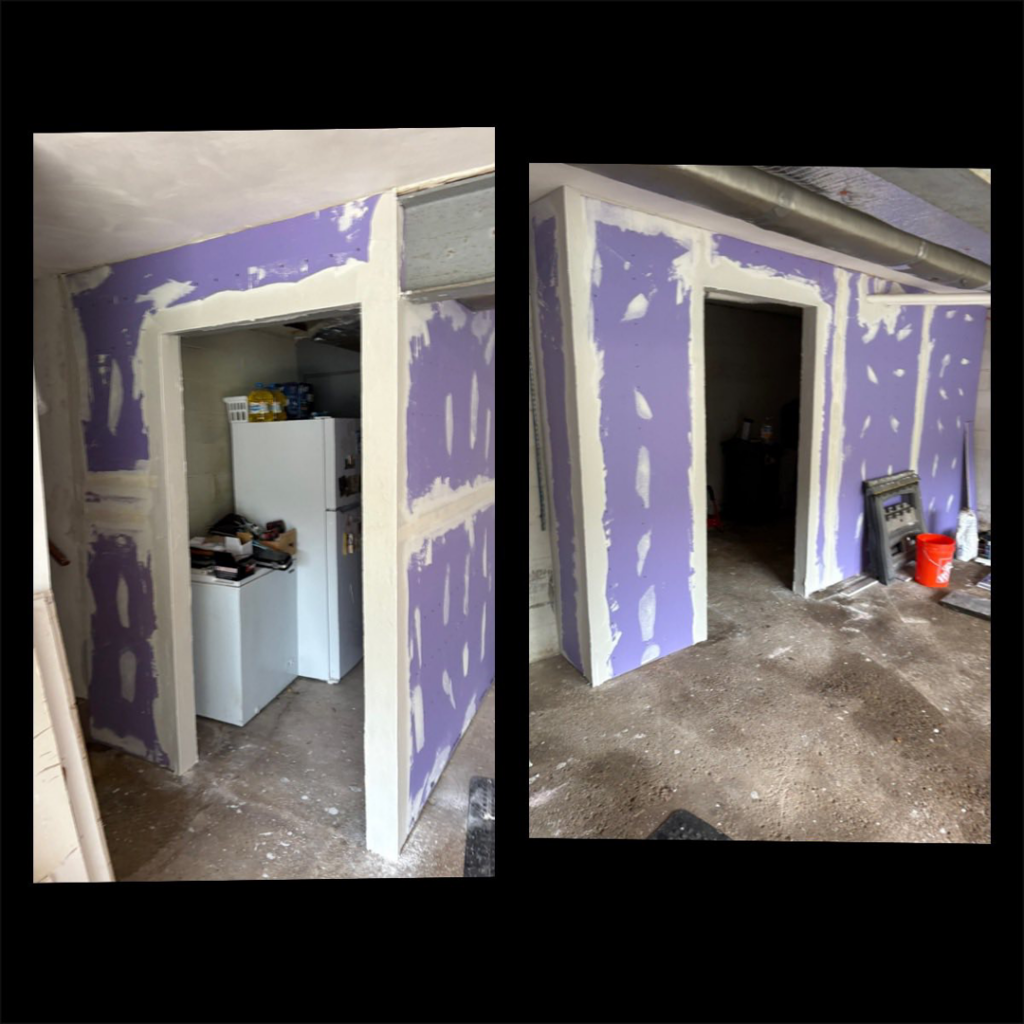 Drywall installation and finishing in a basement by Legacy Full Service Contracting LLC in Brackenridge, PA.