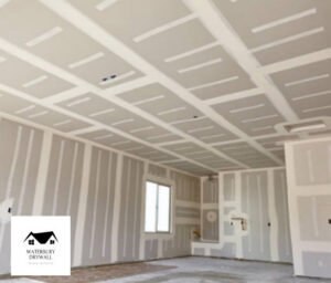 Drywall installed on walls and ceiling with taped seams, showcasing work by Waterbury Drywall in Waterbury, CT.