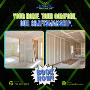 Rooms with newly installed and finished drywall, a professional service offered by Handyman Dan in West Fargo, ND.