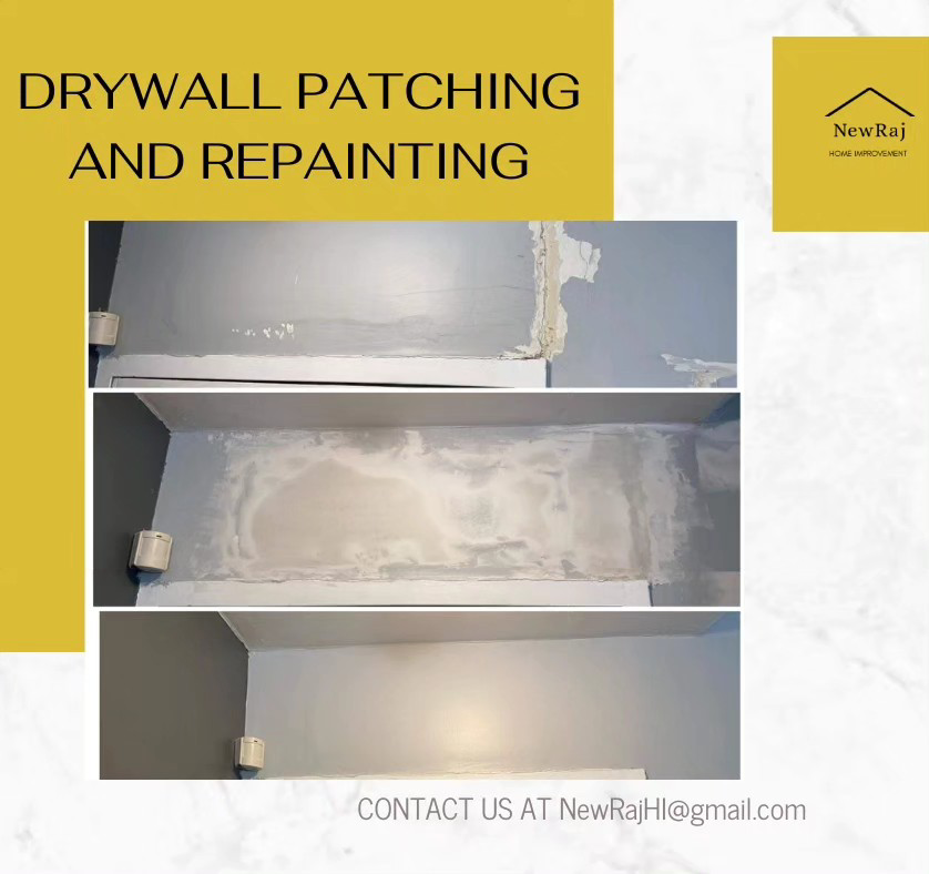A wall undergoing drywall patching and repainting, demonstrating services by NewRaj Home Improvement in Alexandria, VA.