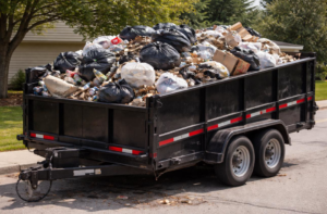 A large dump trailer completely filled with trash bags, cardboard, and debris, ready for hauling by Junked Up Junk Removal in Watauga, TX.