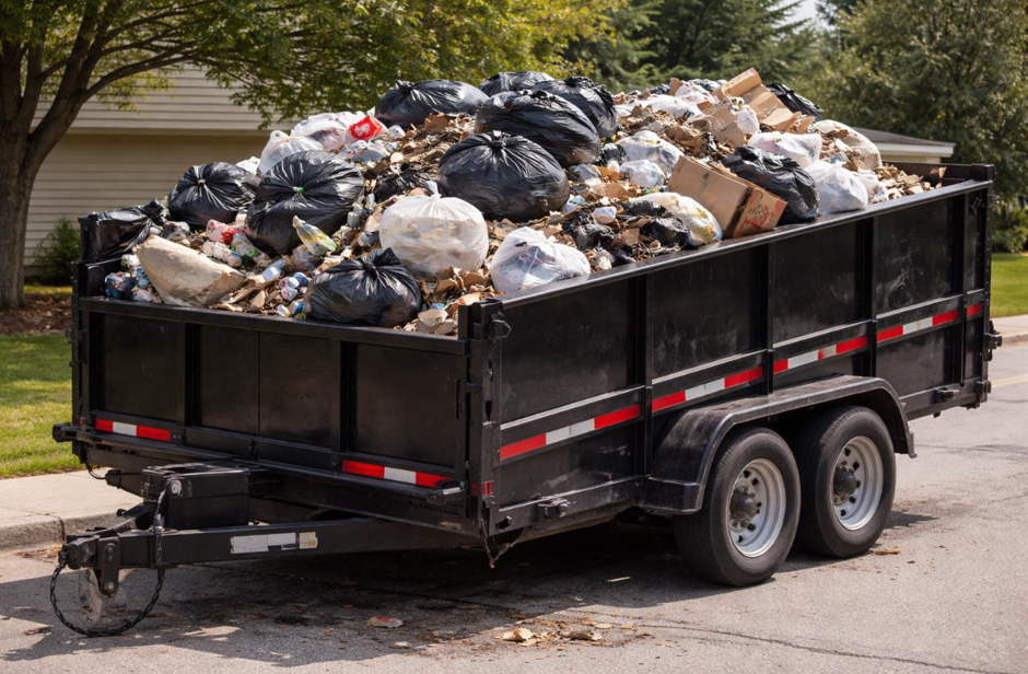 A large dump trailer completely filled with trash bags, cardboard, and debris, ready for hauling by Junked Up Junk Removal in Watauga, TX.