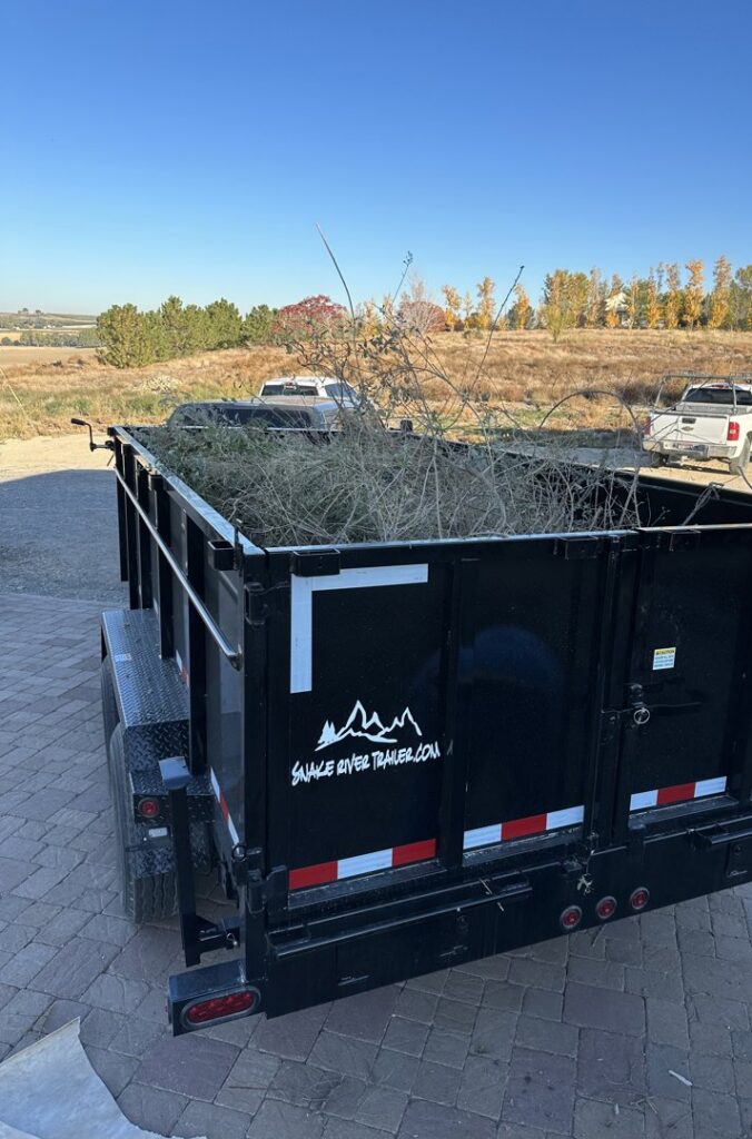 A dump trailer filled with tree branches and yard waste, being hauled away by Haul My Load LLC in Caldwell, ID.