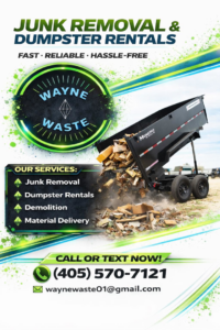 A dump trailer unloading demolition debris, showcasing junk removal services by Wayne Waste, LLC in Moore, OK.