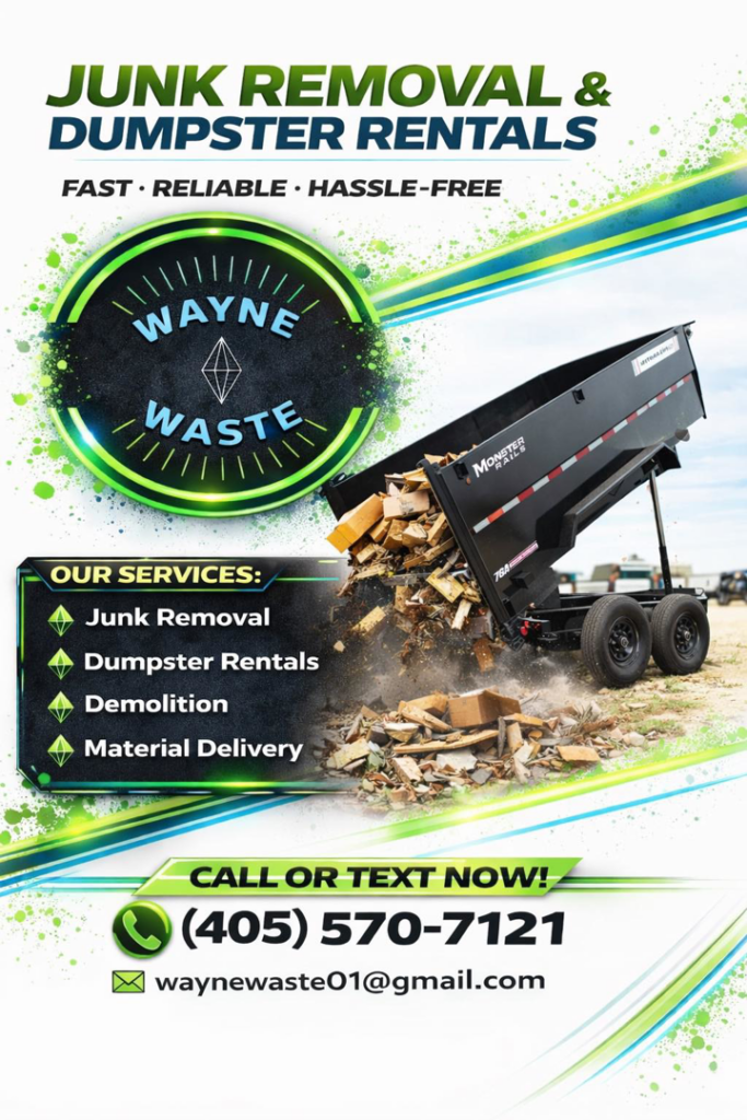 A dump trailer unloading demolition debris, showcasing junk removal services by Wayne Waste, LLC in Moore, OK.