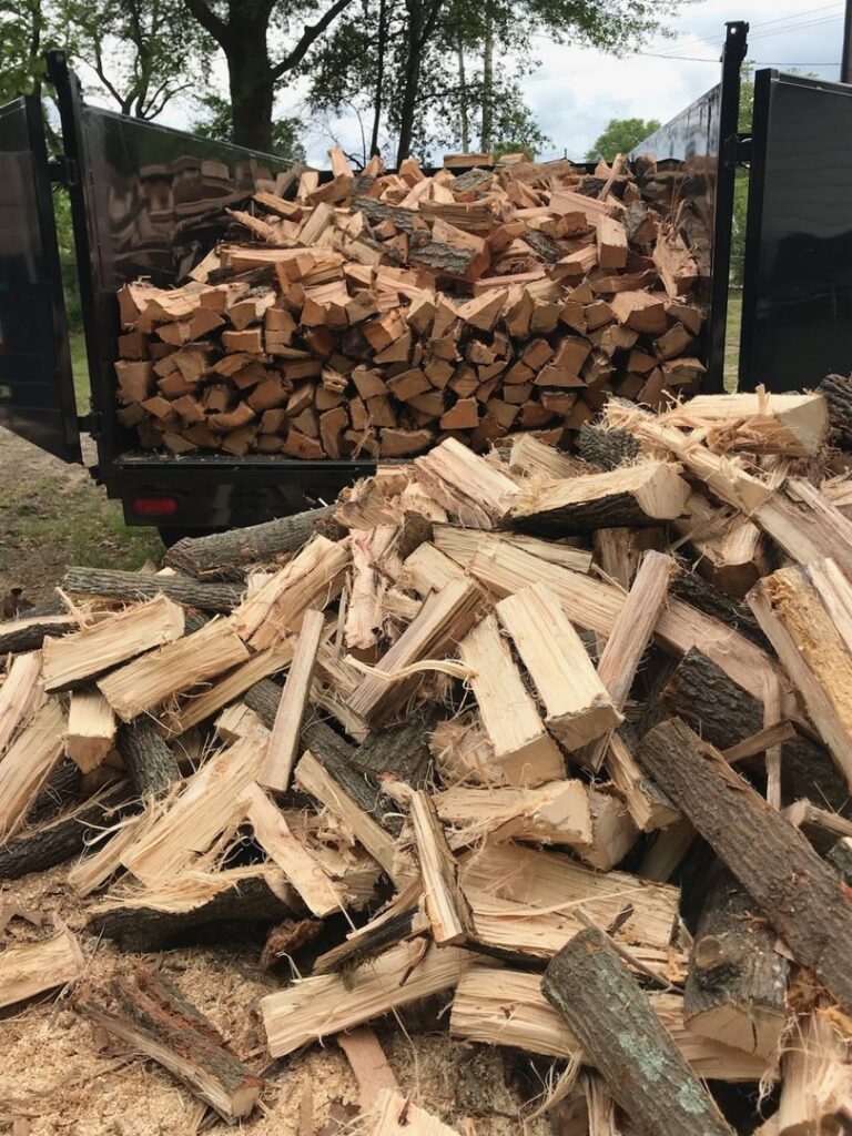 A dump truck filled with freshly cut firewood and logs, representing the output of tree services by Schnell Tree Services LLC in Fayetteville, NC.