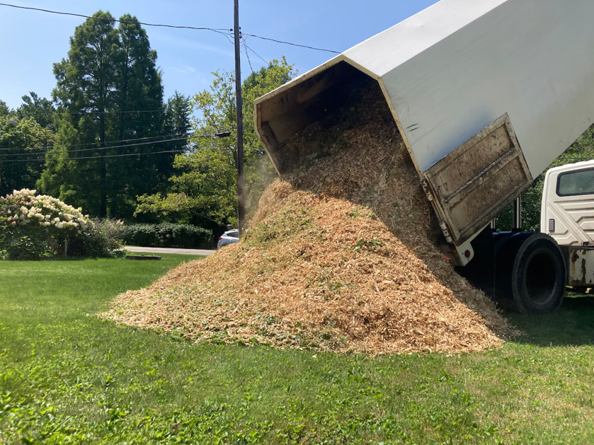 A dump truck unloading a large pile of wood chips for mulching by GKC Landscaping Contractors in Thornton, CO.
