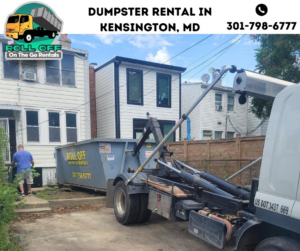 A roll-off dumpster being delivered for residential junk removal by Roll Off On the Go Rentals in Silver Spring, MD.