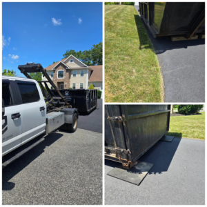 A Dumpster Dogs truck delivering a roll-off dumpster to a residential driveway, with close-ups of the dumpster placement in Somerset, MA.