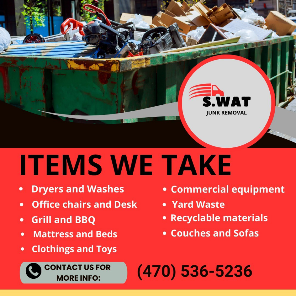 A large dumpster filled with various junk items including appliances and furniture, handled by S.WAT Junk Removal in Roswell, GA