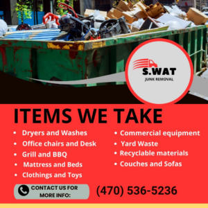 A large dumpster filled with various junk items including appliances and furniture, handled by S.WAT Junk Removal in Roswell, GA