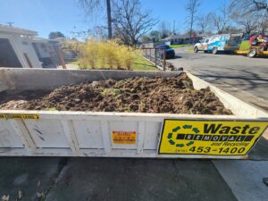 A roll-off dumpster filled with organic yard waste and soil for removal by Waste Removal and Recycling in Sacramento, CA.