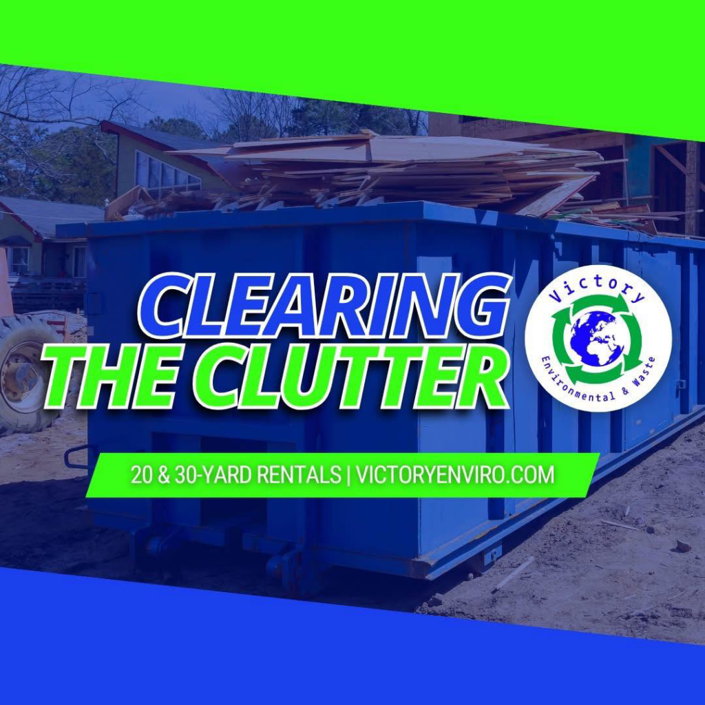 A blue roll-off dumpster filled with wood debris, ready for removal by Victory Environmental and Waste in High Point, NC.