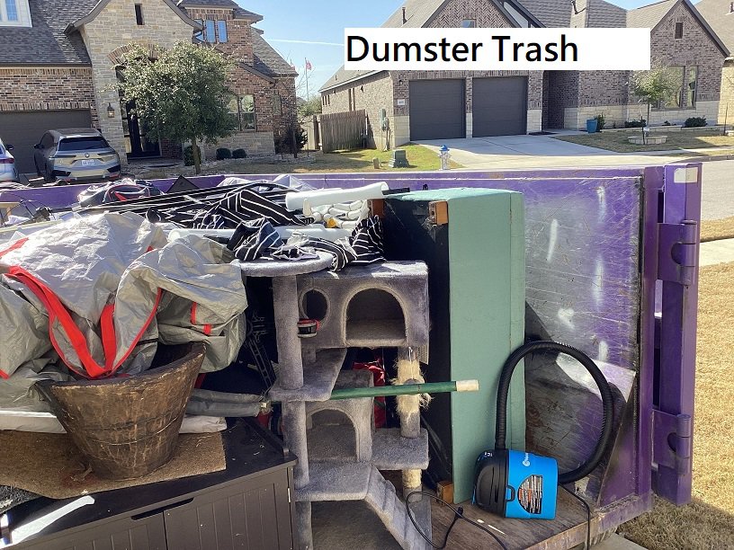 A purple dumpster overflowing with household trash and junk from Liberty Hill Dumpster Rental in Austin, TX