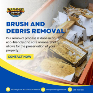 A dumpster filled with brush, wood, and construction debris for removal by Har-E-Up Haulers in St. Louis, MO