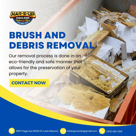 A dumpster filled with brush, wood, and construction debris for removal by Har-E-Up Haulers in St. Louis, MO