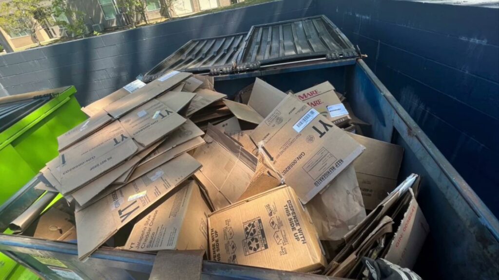 A large blue dumpster filled with cardboard boxes, ready for hauling by Elite Junk Haulers in Pine Bluff, AR.