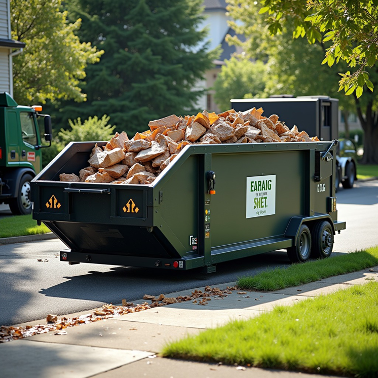 A large green dumpster trailer filled with construction debris on a residential street by Junk 2 Day in Roswell, GA.